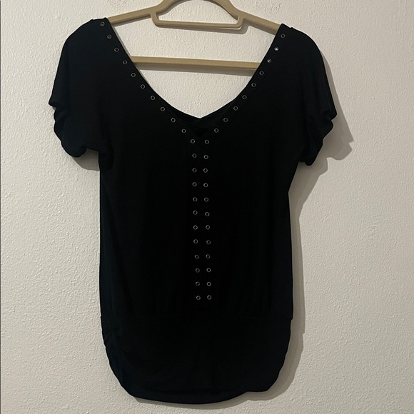 Ella Moss Black Top with Grommet Studs deep V neck - Picture 3 of 8